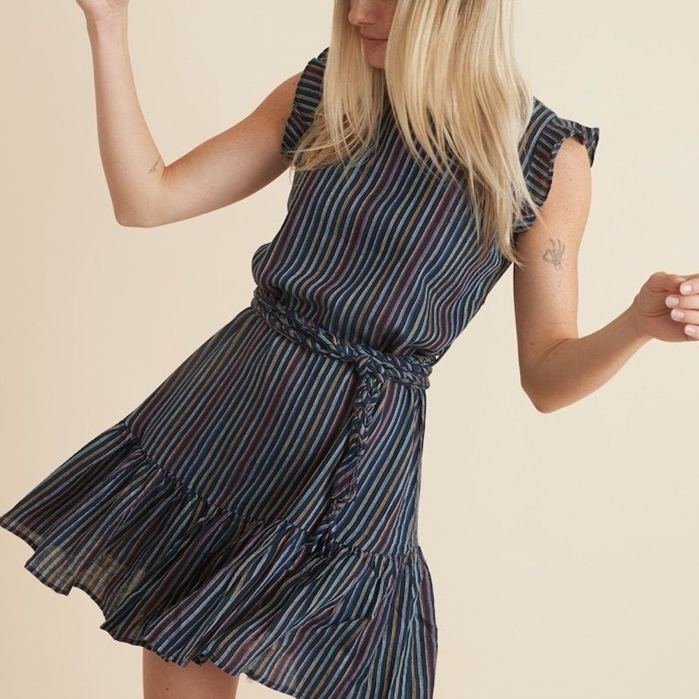 Marine Layer‎ Dress Laney Linen Mini Navy Rainbow Stripe Size Small Braided Belt